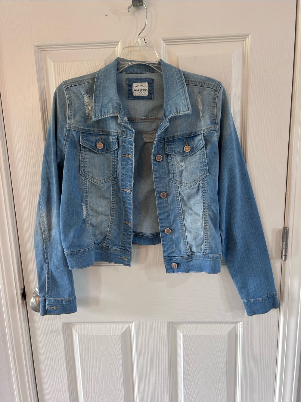 Wax Jean Light Wash Blue Denim Jacket with Distressed Details Size M